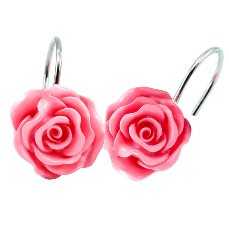 BEAVO Shower Curtain Hooks, Home Decorative Rustproof Shower Curtain Hooks Resin Rose Flower Shower Hooks Rings for Bathroom Shower Rods Curtains,Set of 12 Hooks (Pink) - Image 3